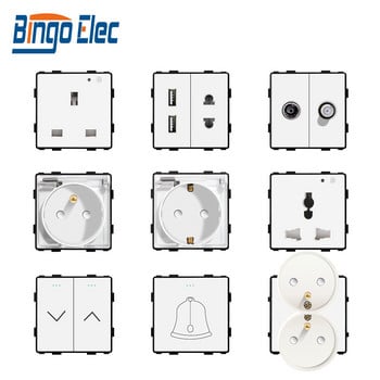 Bingoelec White Crystal Tempered Glass Panel Превключвател за светлина eu френски контакт, usb tv rj45 сателитен сензорен превключвател Модул Направи си сам