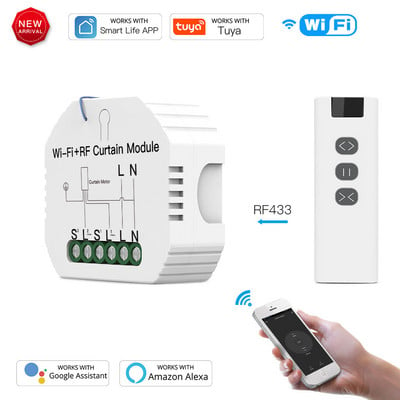 „Tuya Smart Life WiFi RF433 Smart Curtain Switch“ su nuotolinio valdymo pulteliu, skirtu elektriniam roletams nuo saulės „Google Home Alexa Smart Home“