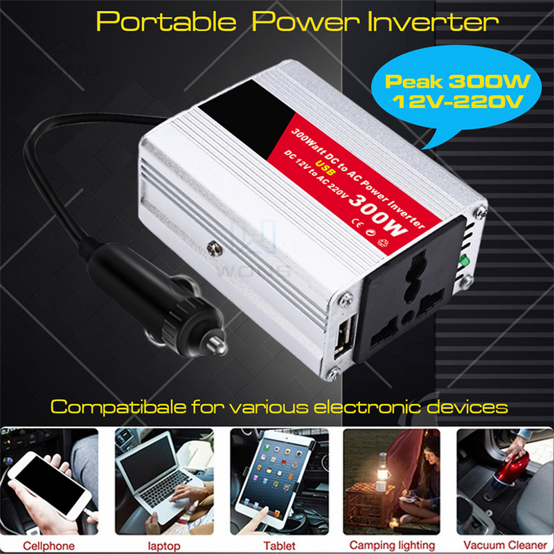 300 W-os autós inverteres átalakító adapter DC 12V-ról AC 220V-ra akkumulátorkapcsos szivargyújtóval kültéri háztartási gépekhez