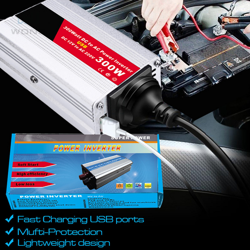 300 W-os autós inverteres átalakító adapter DC 12V-ról AC 220V-ra akkumulátorkapcsos szivargyújtóval kültéri háztartási gépekhez
