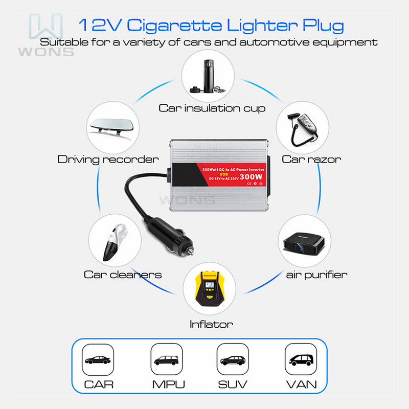 300 W-os autós inverteres átalakító adapter DC 12V-ról AC 220V-ra akkumulátorkapcsos szivargyújtóval kültéri háztartási gépekhez