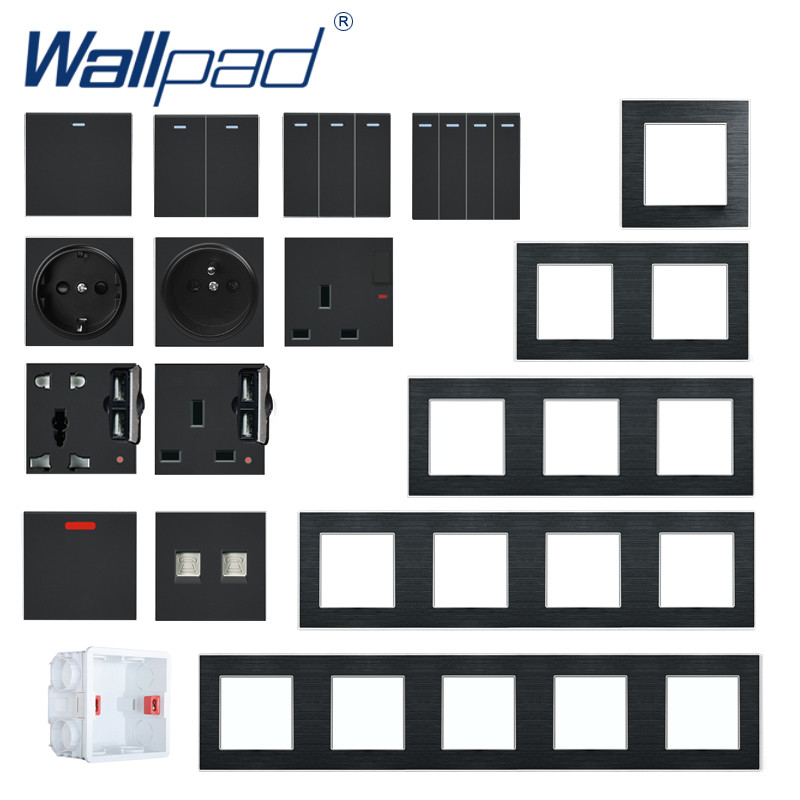 DIY Čierna kovová zásuvka EU UK USB Human IR spínač Elektrická zásuvka Brúsený hliníkový rám Moduler Key Nástenná podložka S6