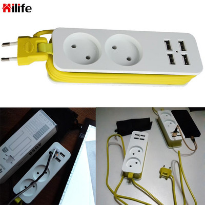 Захранващ разклонител 2 Extension Socket Outlet EU Plug Гнездо за зарядно устройство Преносим интелигентен настолен контакт 4 USB порта Стенно зарядно устройство Множество