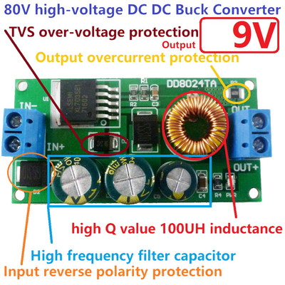 Nagyfeszültségű DC-DC Buck átalakító modul, lefelé irányuló feszültségszabályozó kártya 80V 72V 64V 60V 48V 36V 24V - 15V 12V 9V 6V 5V 3,3V