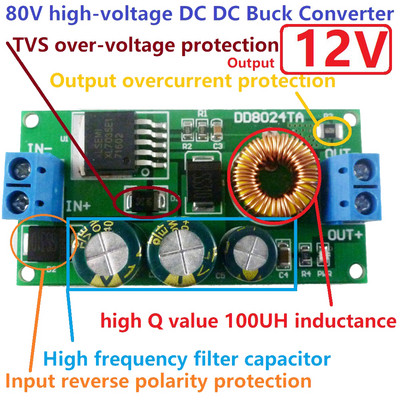 Nagyfeszültségű DC-DC Buck átalakító modul, lefelé irányuló feszültségszabályozó kártya 80V 72V 64V 60V 48V 36V 24V - 15V 12V 9V 6V 5V 3,3V