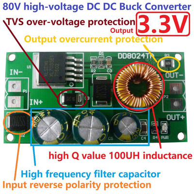 Nagyfeszültségű DC-DC Buck átalakító modul, lefelé irányuló feszültségszabályozó kártya 80V 72V 64V 60V 48V 36V 24V - 15V 12V 9V 6V 5V 3,3V