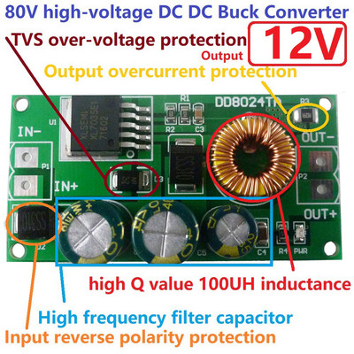 Nagyfeszültségű DC-DC Buck átalakító modul, lefelé irányuló feszültségszabályozó kártya 80V 72V 64V 60V 48V 36V 24V - 15V 12V 9V 6V 5V 3,3V