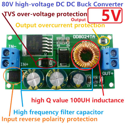 Nagyfeszültségű DC-DC Buck átalakító modul, lefelé irányuló feszültségszabályozó kártya 80V 72V 64V 60V 48V 36V 24V - 15V 12V 9V 6V 5V 3,3V