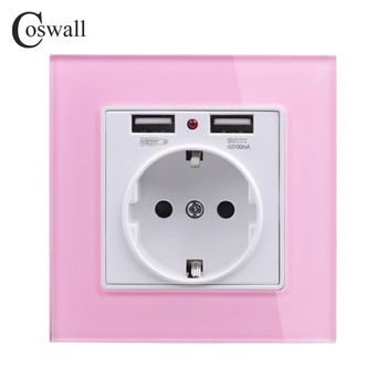 Coswall Green Pink Πολύχρωμο Πάνελ Κρυστάλλου Γυαλί Διπλή Θύρα φόρτισης USB 2.1A 16A Ρωσία Ισπανία Πρίζα τοίχου Πρίζα ΕΕ