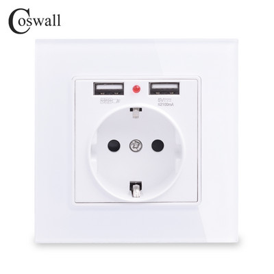 Coswall Verde Roz Colorat Panou din sticlă de cristal Port dublu de încărcare USB 2.1A 16A Rusia Spania Priză de perete Priză UE