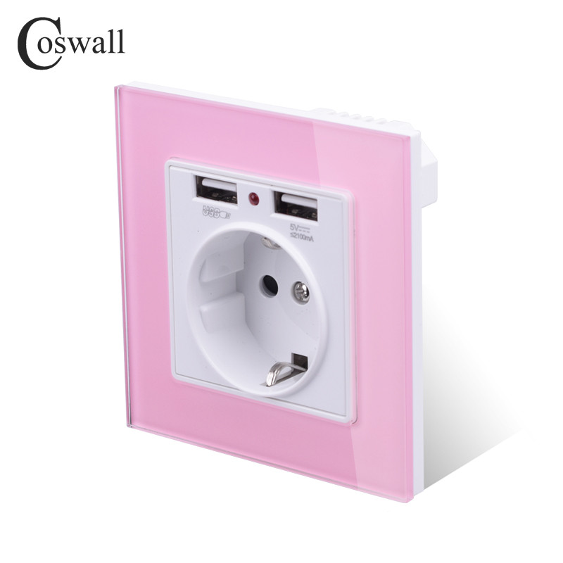 Coswall Verde Roz Colorat Panou din sticlă de cristal Port dublu de încărcare USB 2.1A 16A Rusia Spania Priză de perete Priză UE