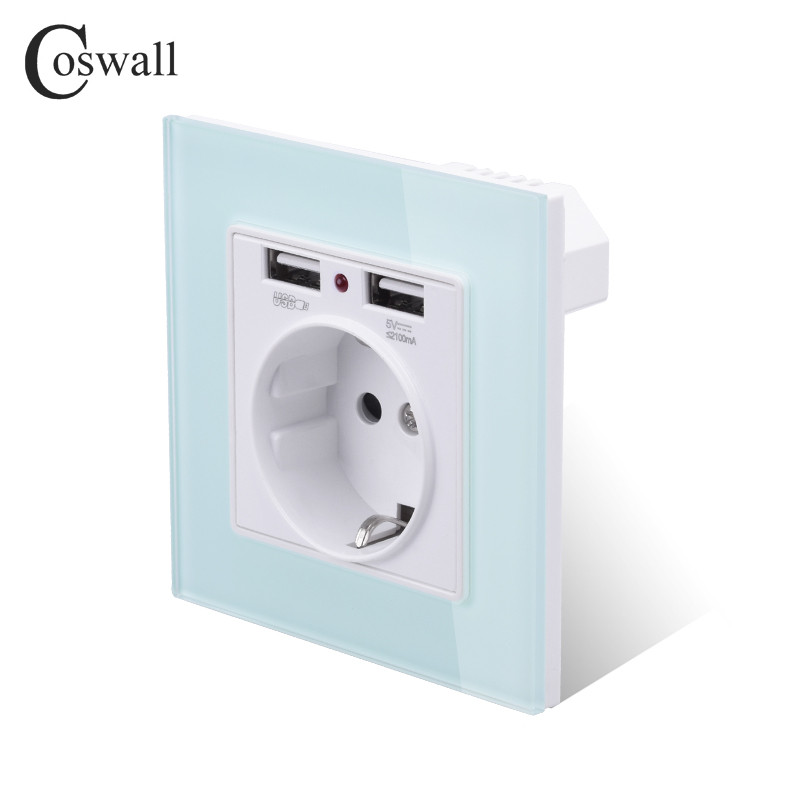 Coswall Verde Roz Colorat Panou din sticlă de cristal Port dublu de încărcare USB 2.1A 16A Rusia Spania Priză de perete Priză UE
