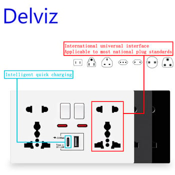 Портове за бързо зареждане Delviz Type-C, AC 110V~250V 146mm*88mm панел, 18W интелигентно зареждане, двоен контакт, стенен USB универсален захранващ контакт