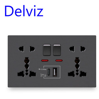 Портове за бързо зареждане Delviz Type-C, AC 110V~250V 146mm*88mm панел, 18W интелигентно зареждане, двоен контакт, стенен USB универсален захранващ контакт