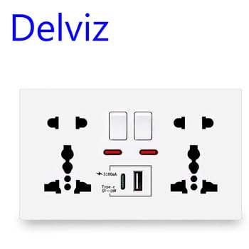 Портове за бързо зареждане Delviz Type-C, AC 110V~250V 146mm*88mm панел, 18W интелигентно зареждане, двоен контакт, стенен USB универсален захранващ контакт