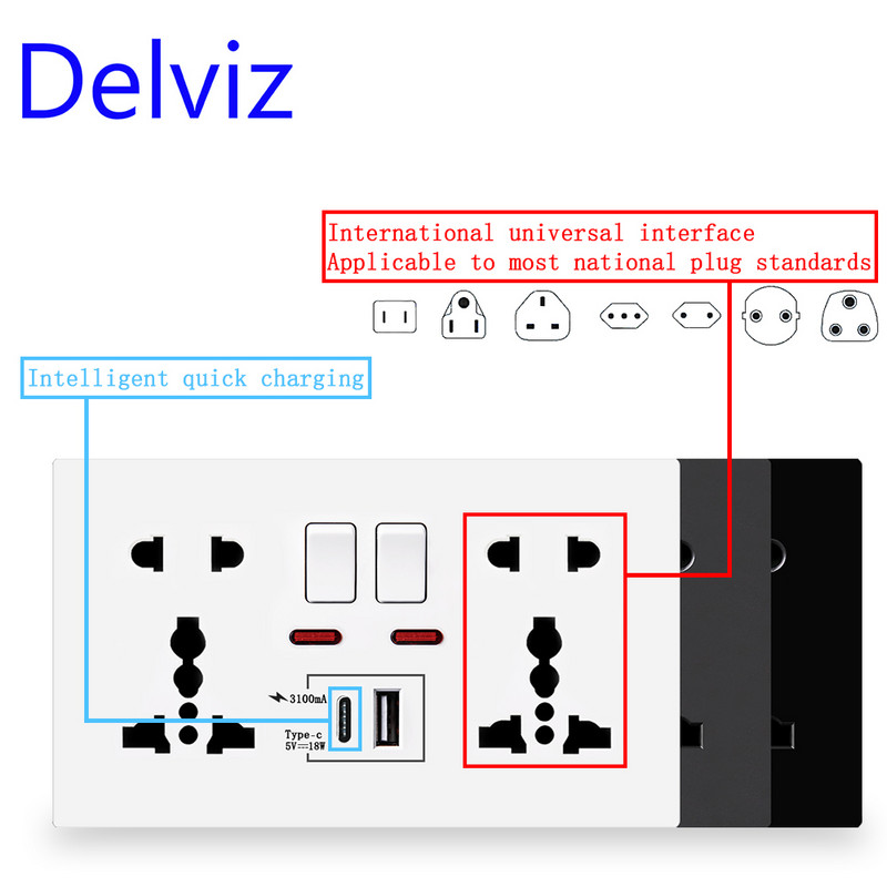 Porturi de încărcare rapidă Delviz Type-C, panou 110V~250V 146mm*88mm, încărcare inteligentă 18W, priză dublă, priză universală USB de perete