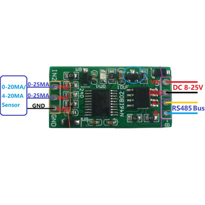 4-20MA DC 12V 2ch 0-20MA Áram analóg adatgyűjtés RS485 Modbus RTU ADC modul PLC műszerméréshez
