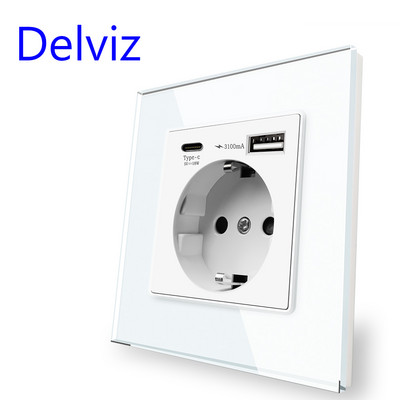 Delviz Type C gyorstöltő aljzat, fehér edzett kristályüveg panel, QC 3100mA USB portokkal, EU szabvány fali USB konnektor