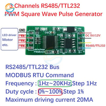 RS485 5V 12V 3Ch 1Hz-20kHz Регулируема честота на работния цикъл PWM Генератор на импулси с квадратна вълна UART RS232 RS485 Шина Modbus RTU Платка