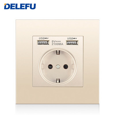 Német EU aljzat fali típusú dupla USB mobiltelefon tápcsatlakozó 2,1 A háztartási szoba aljzat AC 110 V 250 V 16 A 86 mm-es arany aljzat