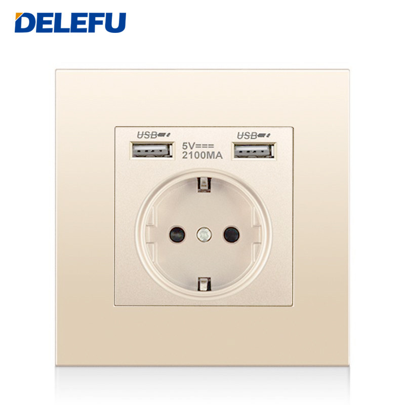 Német EU aljzat fali típusú dupla USB mobiltelefon tápcsatlakozó 2,1 A háztartási szoba aljzat AC 110 V 250 V 16 A 86 mm-es arany aljzat