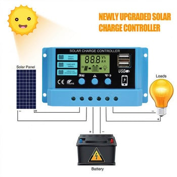 PWM Solar Charge Controller12V 14V 10A/20A/30A Solar Controller Ρυθμιστής μπαταρίας ηλιακού πάνελ Οθόνη LCD Διπλή έξοδος USB 5V