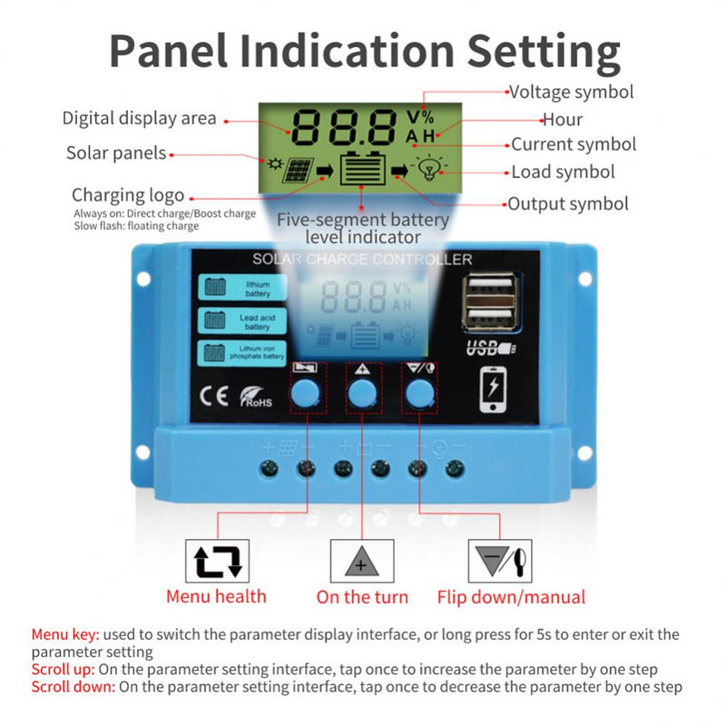 PWM saulės įkrovimo valdiklis 12V 14V 10A/20A/30A saulės valdiklis Saulės baterijos reguliatorius LCD ekranas Dvi USB 5V išvestis