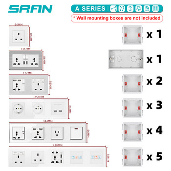 SRAN Wall 16A EU Standard Multi Way Socket Power Γείωση Ηλεκτρική πρίζα με λωρίδα πρίζας usb 146*86 γυάλινο οικογενειακό ξενοδοχείο