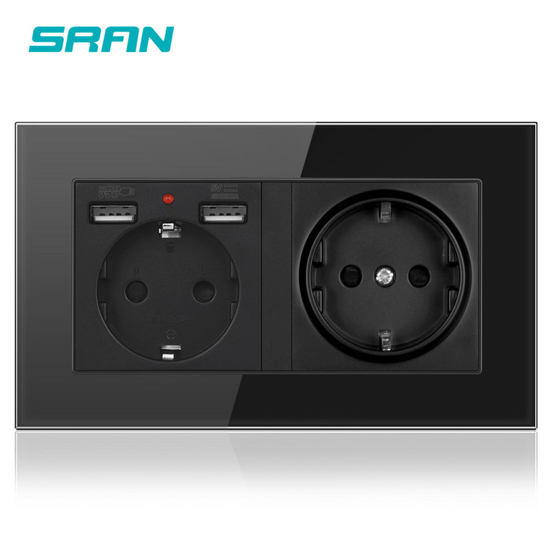 SRAN zidna 16A EU standardna višestruka utičnica s uzemljenom utičnicom s usb utičnicom 146*86 stakleni obiteljski hotel