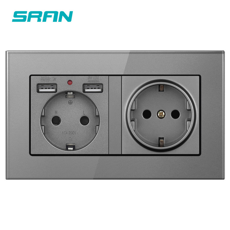 SRAN zidna 16A EU standardna višestruka utičnica s uzemljenom utičnicom s usb utičnicom 146*86 stakleni obiteljski hotel