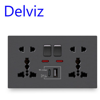 Delviz Wall Υποδοχή γρήγορης φόρτισης, Θύρες Type-C 18W, Έλεγχος διπλού διακόπτη, Πρίζα γενικής χρήσης, Standard UK USB Interface Socket