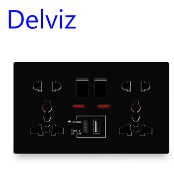 Delviz Wall Υποδοχή γρήγορης φόρτισης, Θύρες Type-C 18W, Έλεγχος διπλού διακόπτη, Πρίζα γενικής χρήσης, Standard UK USB Interface Socket