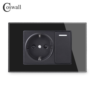 Coswall fekete edzett üveg panel fali konnektor univerzális EU / olasz / chilei konnektor gyerekeknek védő ajtóval
