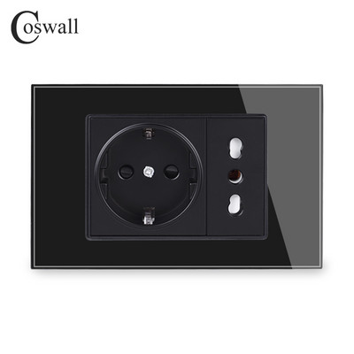 Coswall fekete edzett üveg panel fali konnektor univerzális EU / olasz / chilei konnektor gyerekeknek védő ajtóval