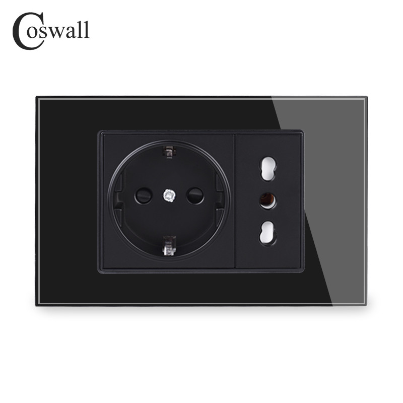 Coswall fekete edzett üveg panel fali konnektor univerzális EU / olasz / chilei konnektor gyerekeknek védő ajtóval