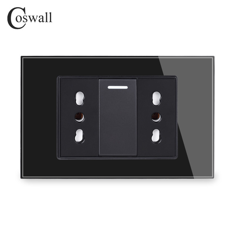 Coswall fekete edzett üveg panel fali konnektor univerzális EU / olasz / chilei konnektor gyerekeknek védő ajtóval