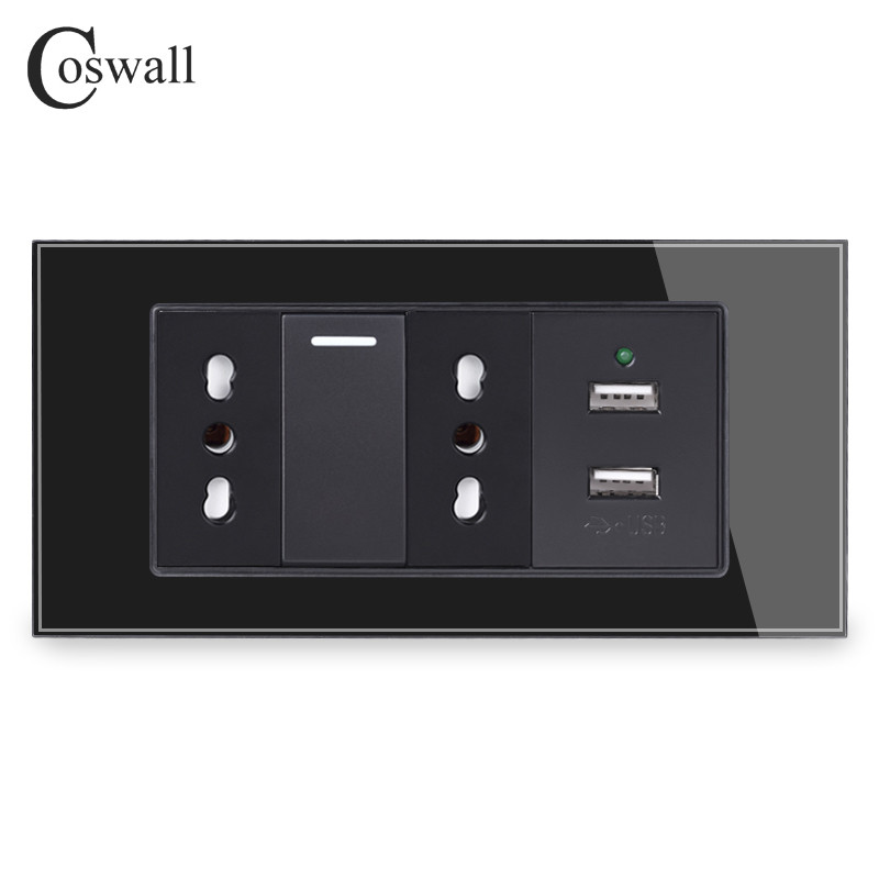 Coswall fekete edzett üveg panel fali konnektor univerzális EU / olasz / chilei konnektor gyerekeknek védő ajtóval