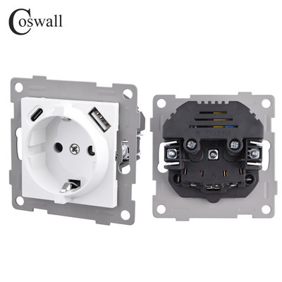 Σειρά COSWALL H Λευκός / Μαύρος τοίχος ΕΕ Standard Schuko Socket Διπλή μονάδα φόρτισης USB Type-C DIY