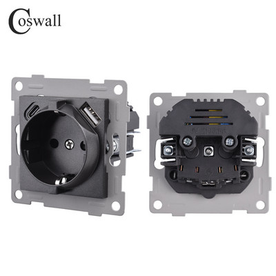 Σειρά COSWALL H Λευκός / Μαύρος τοίχος ΕΕ Standard Schuko Socket Διπλή μονάδα φόρτισης USB Type-C DIY