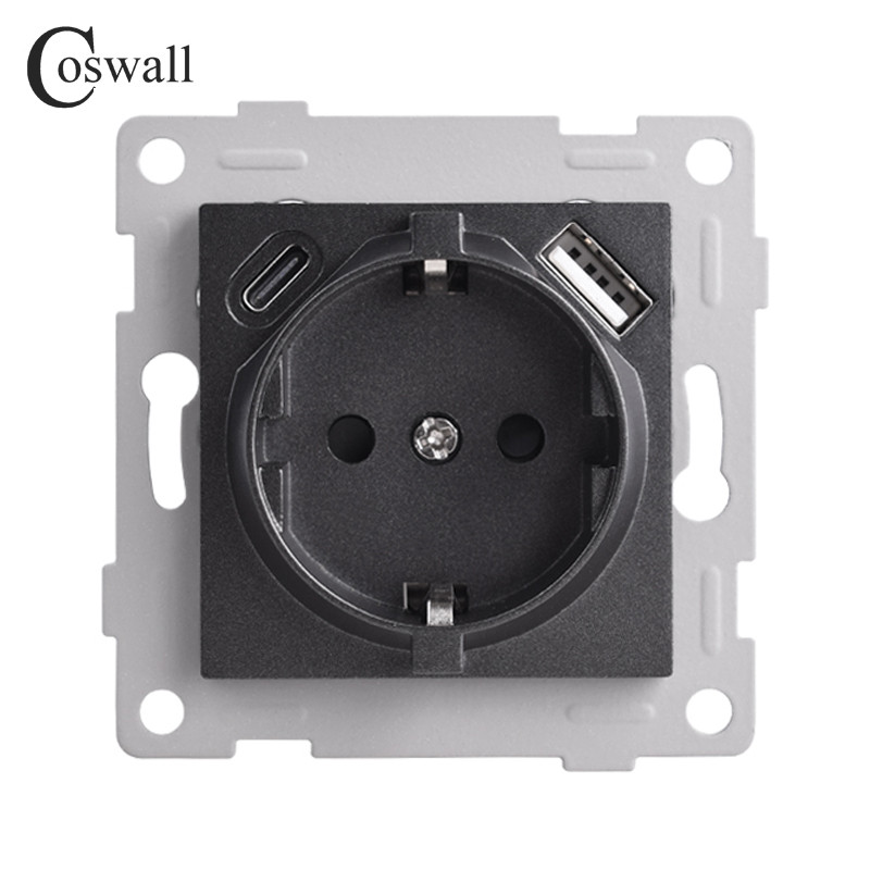 Σειρά COSWALL H Λευκός / Μαύρος τοίχος ΕΕ Standard Schuko Socket Διπλή μονάδα φόρτισης USB Type-C DIY