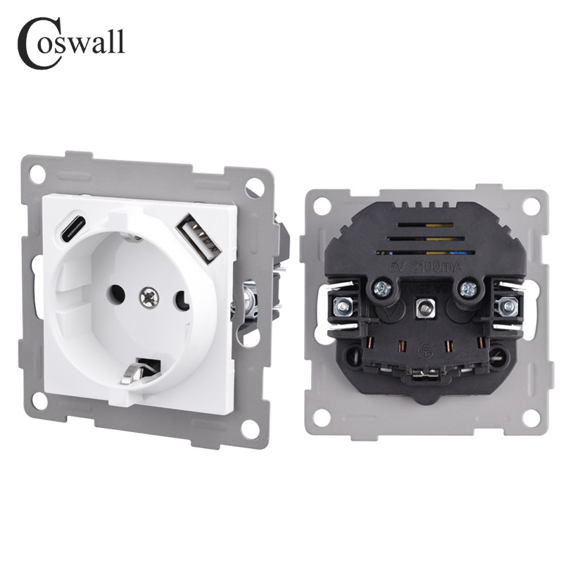 Σειρά COSWALL H Λευκός / Μαύρος τοίχος ΕΕ Standard Schuko Socket Διπλή μονάδα φόρτισης USB Type-C DIY