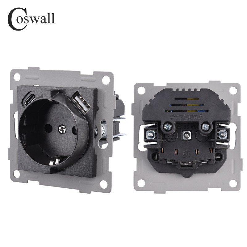 Σειρά COSWALL H Λευκός / Μαύρος τοίχος ΕΕ Standard Schuko Socket Διπλή μονάδα φόρτισης USB Type-C DIY