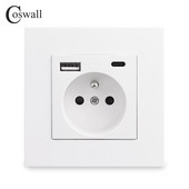 COSWALL francia lengyel szabványos fali tápcsatlakozó, földelt USB A és C típusú töltőport PC panel fehér E20 sorozat