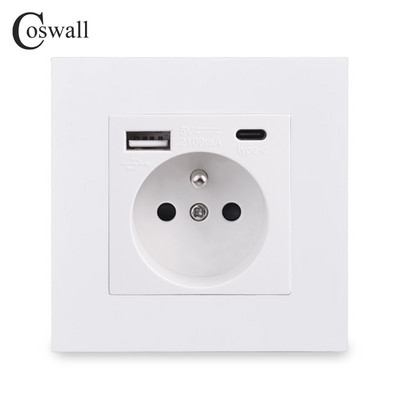 COSWALL francia lengyel szabványos fali tápcsatlakozó, földelt USB A és C típusú töltőport PC panel fehér E20 sorozat
