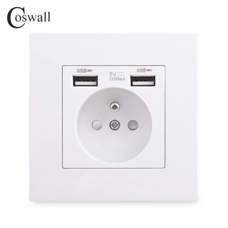 COSWALL francia lengyel szabványos fali tápcsatlakozó, földelt USB A és C típusú töltőport PC panel fehér E20 sorozat