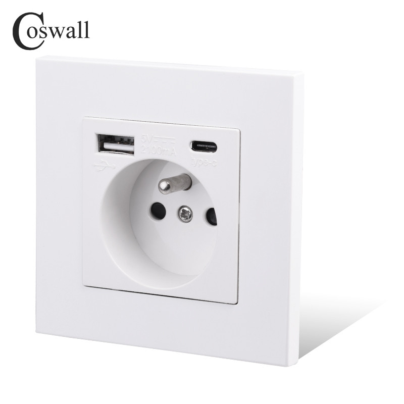 COSWALL francia lengyel szabványos fali tápcsatlakozó, földelt USB A és C típusú töltőport PC panel fehér E20 sorozat