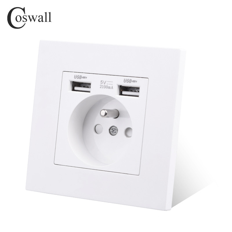 COSWALL francia lengyel szabványos fali tápcsatlakozó, földelt USB A és C típusú töltőport PC panel fehér E20 sorozat
