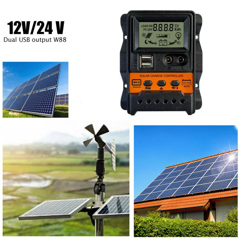 CORUI Auto Solar Charge Charge Controller 10A 20A 30A 12V 24V PWM Controller LCD kijelző Dual USB 5V Output Solar Panel Charge Regulat