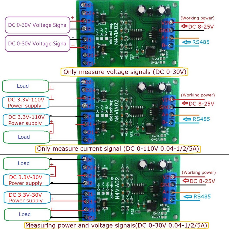 Meranie napäťového signálu 0-30V 1A 2A 5A Modul zberu prúdu 3 v 1 RS485 Modbus RTU Doska meračov prúdu a napätia