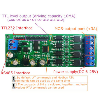 DC 12V 24V RS485 Многофункционален твърдотелен релеен модул 4CH MOS транзистор и 8CH TTL ниво Изходна платка Modbus RTU & AT команда